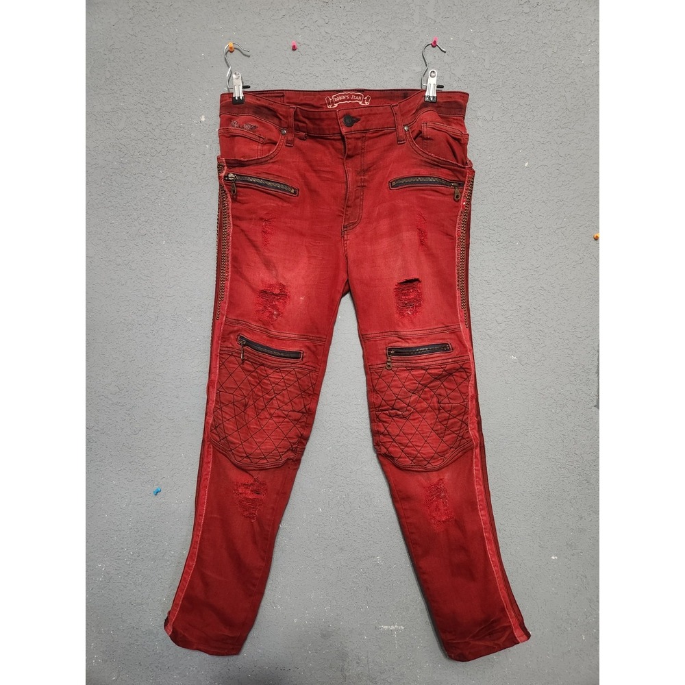 Robins Jeans Men's Double Knee Bejeweled Red Distressed Size 36 Made In The Usa